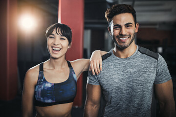 Smile, personal trainer or people with portrait in gym, fitness or training support for workout goals. Confident, coach or happy woman with man for exercise guidance, sport club membership or join us