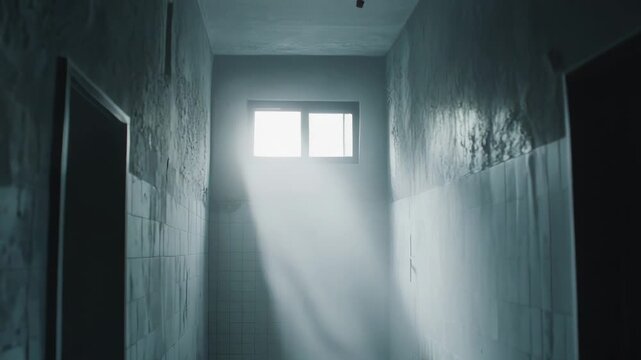 Abandoned building hallway featuring a window with bright light piercing through the dust and shadows, evoking feelings of mystery, isolation and hope