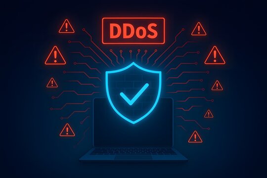 DDoS protection concept with red warning icons and blue shield over laptop screen, highlighting distributed denial of service attack mitigation and network resilience.