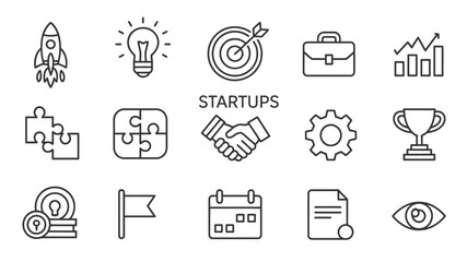 entrepreneurship and startup line icon pack, business growth idea generation marketing finance and innovation minimal vector symbols.