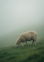 Obraz premium Serene sheep grazing misty landscape.