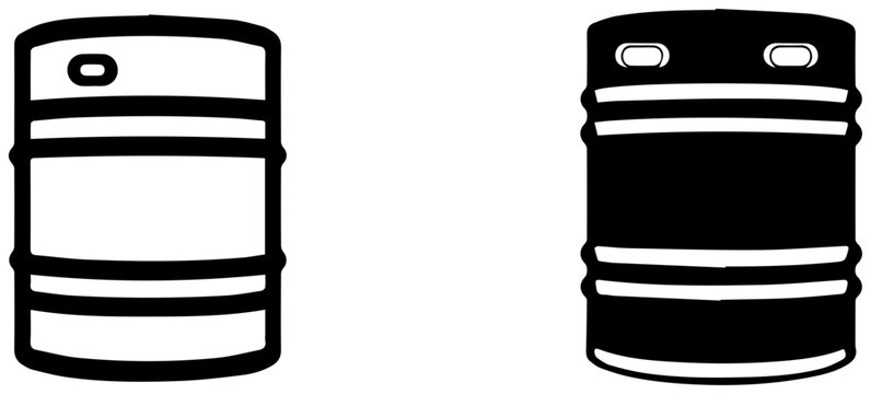 Two stainless steel beer keg icons in black and white isolated on a plain background