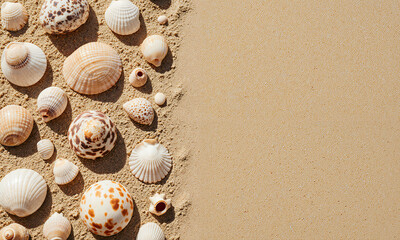 Seashells sand beach flat lay with diverse marine shells on a sandy surface featuring ample copy space for summer vacation concepts