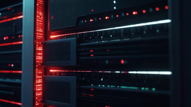 Server racks with blinking red indicator lights illustrating data processing, digital security, and cloud technology in a high tech computing environment
