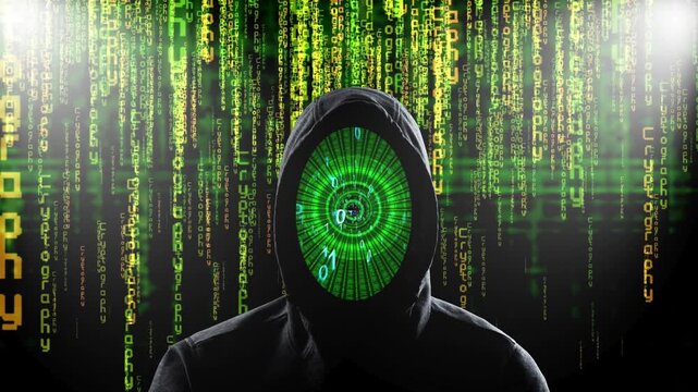 Digital Code falling and Computer Hacker attack cyber security. Hackers and malware hackers laptops dangerous digital code binary code background.