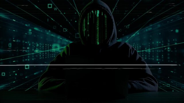 Computer Hacker attack cyber security. Hackers and malware hackers laptops dangerous digital code binary code background.