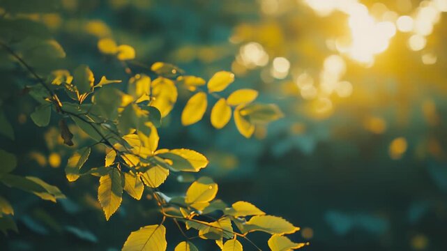 Green tree leaves backlit by bright golden sun rays creating a natural bokeh background, symbolizing growth, tranquility, and the fresh essence of an outdoor environment