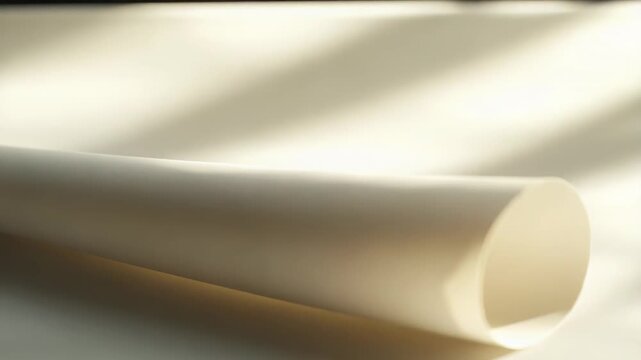 Rolled cream paper creating a natural light and shadow play across its surface, forming dynamic abstract shapes, texture, and elegant minimalist composition