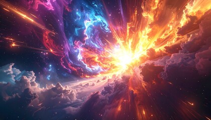 Obraz premium Light explosion in abstract space with radiant energy bursts. Semi-realistic scene emphasizing dynamic motion, cosmic intensity, and luminous atmospheric depth. 