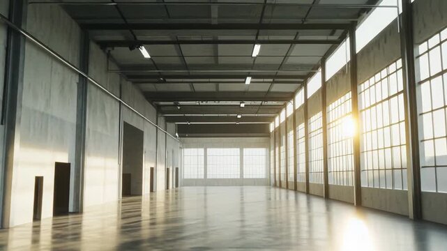 Spacious industrial warehouse interior featuring concrete floors and large windows, with bright sunlight streaming in and casting long shadows across the empty space
