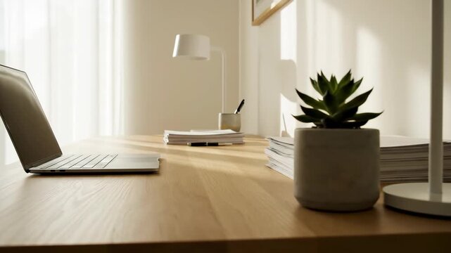 Modern Home Office Desk Setup With Laptop and Plant.