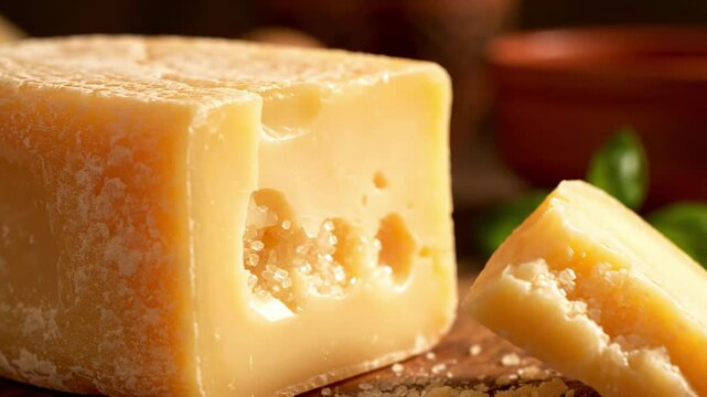 Large Parmesan Cheese Piece Breaking Apart Crystalline Texture Rustic Italian Cuisine Atmosphere.