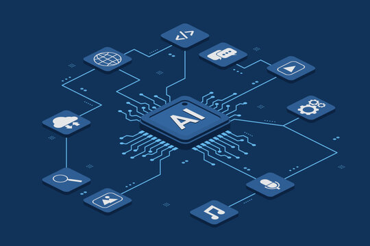 Isometric AI microchip processor on a circuit board with multimedia and cloud icons. Flat vector illustration of artificial intelligence, machine learning technology, and data processing.