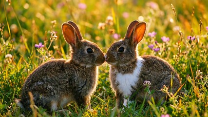 Obraz premium Two adorable young rabbits share an affectionate moment nose-to-nose while sitting closely together in a sunlit field of tall green grass and wildflowers.