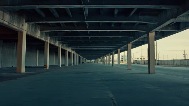 Long concrete underpass structure creating a tunnel like perspective with parallel pillars, highlighting themes of urban infrastructure, linearity, and modern architecture