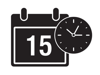 A calendar with a clock indicating the 15th day of the month. Vector