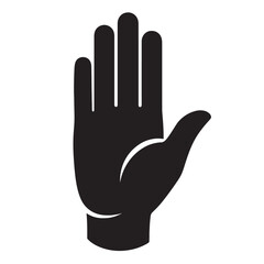 A black and white icon of a hand with an open palm facing forward. Vector