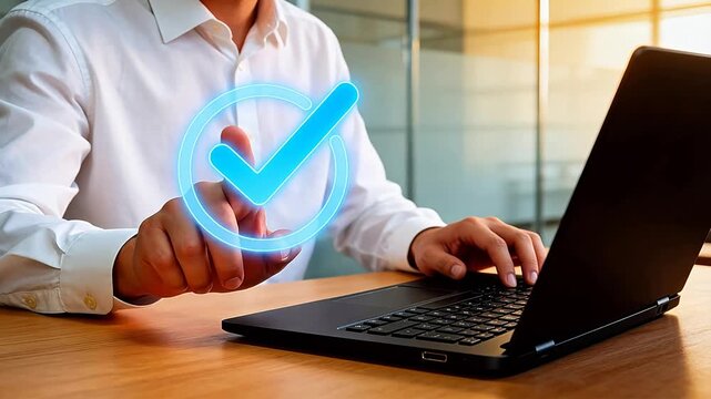 Man using laptop with digital checkmark