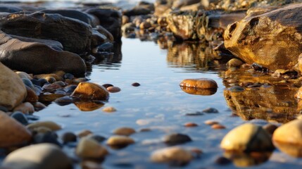 Obraz premium Water reflecting rocks on the shoreline