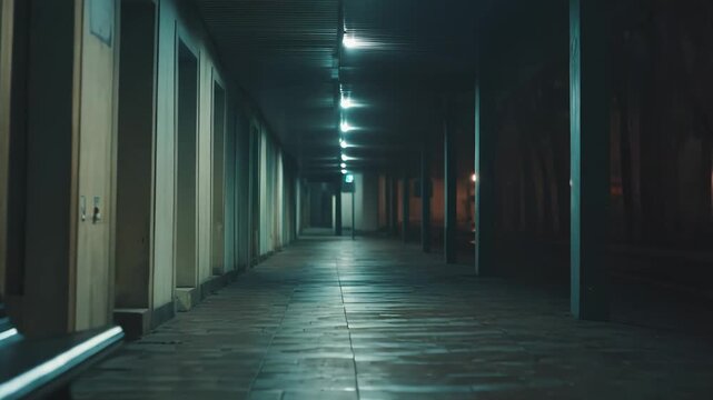 Empty bench sitting alone along a long, dark urban walkway at night, with streetlights illuminating the path and creating a moody atmosphere of loneliness and introspection