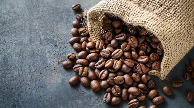 Burlap sack spilling roasted coffee beans onto dark surface