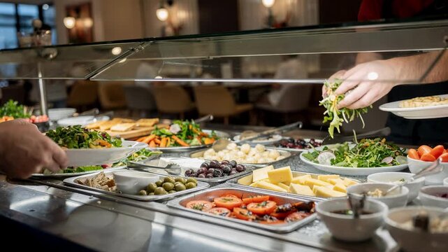Medium shot focusing on the adjustable sneeze guards glass panels protecting various cold appetizers while the outoffocus background depicts a bustling dining area.