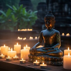 Fototapeta premium Serene Buddha Statue Surrounded by Candles.