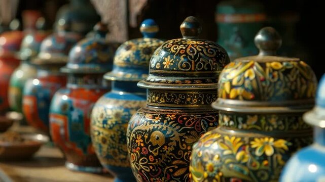 Intricately designed colorful ceramic jars with lids displayed on wooden shelf