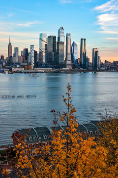 View of Manhattan Skyline and Hudson Yards in Autumn with Hudson River, New York City from New Jersey