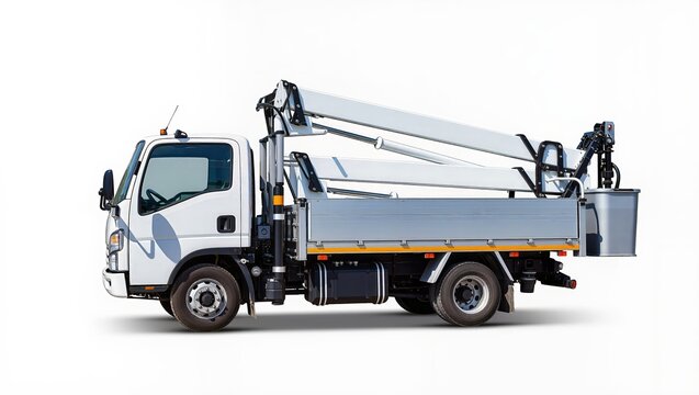 Aerial lift bucket truck with hydraulic telescopic boom and stabilizer outriggers