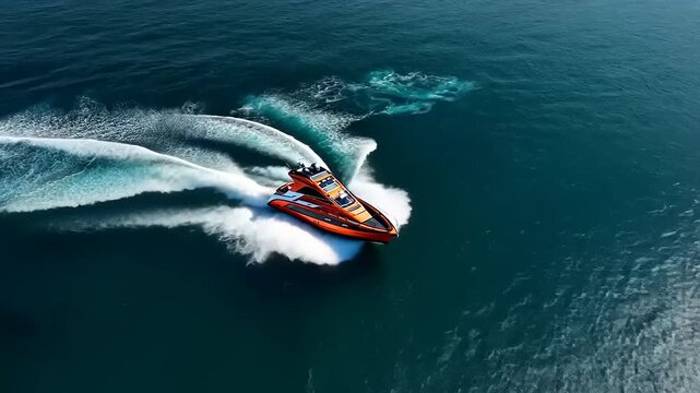 Aerial view of a vibrant speedboat making sharp turns in clear blue waters, showcasing dynamic movement