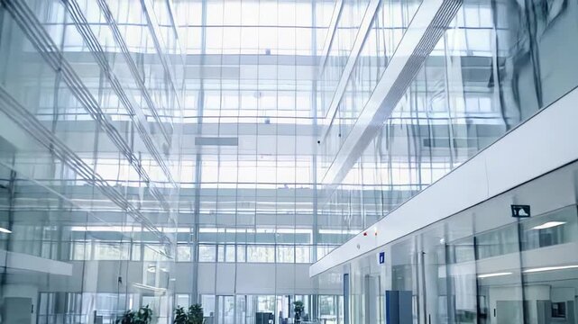 Modern clean glass architecture creating a spacious, bright, empty office building interior hallway, reflecting light and offering a sense of openness for corporate business design