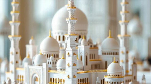Detailed miniature white mosque with domes and minarets, featuring gold accents, in bright light