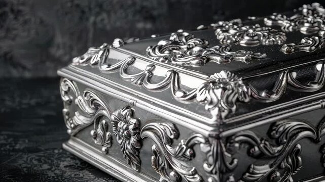Ornate, intricately designed silver box with floral patterns