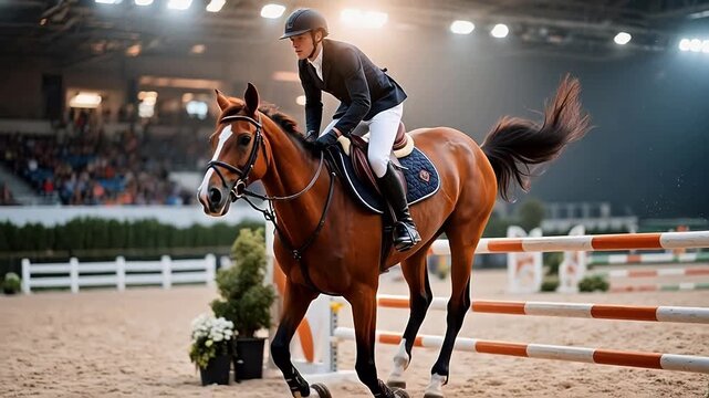 Equestrian rider jumping over hurdle