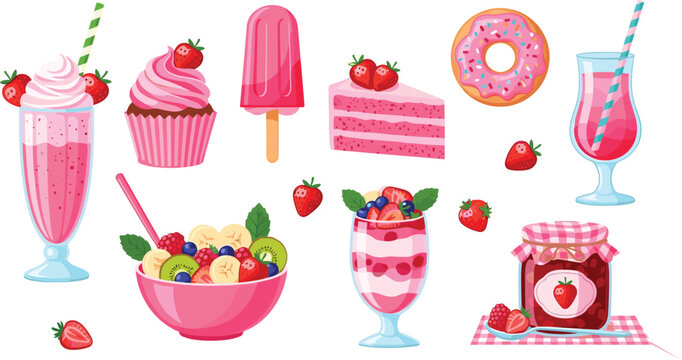 Strawberry dessert collection with pink cupcakes, milkshakes, ice cream, donuts and sweet fruit treats,