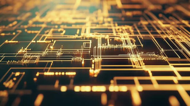 Modern digital circuit board displaying illuminated data pathways and glowing connections, representing advanced technology, global communication, and the intricate structure of computer hardware