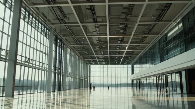 Modern architectural interior of a large, empty building hall featuring extensive glass walls providing natural light and a highly reflective floor creating bright patterns