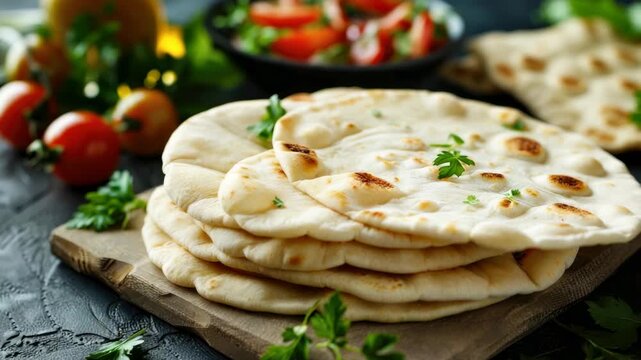 Freshly baked flatbread served on wooden board with garnish