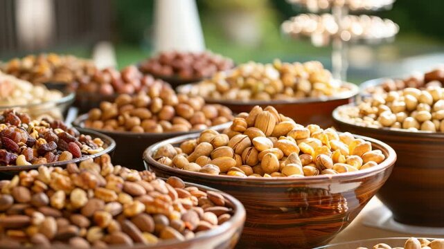 Assorted nuts in ceramic bowls displayed at outdoor event