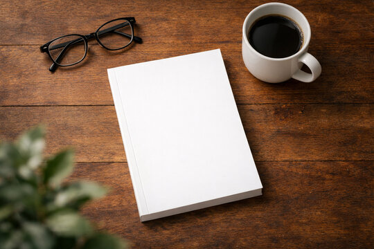 Blank White Softcover Book Mockup on Wooden Table with Coffee and Glasses