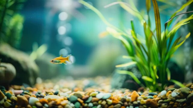 Tropical fish swimming in freshwater aquarium with vibrant plants and pebbles