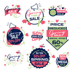 Fototapeta premium Spring discount vector badge in pastel style illustration. Green and pink colors. Floral offer and leaf promotion create fresh savings look. Ideal for spring promo banners