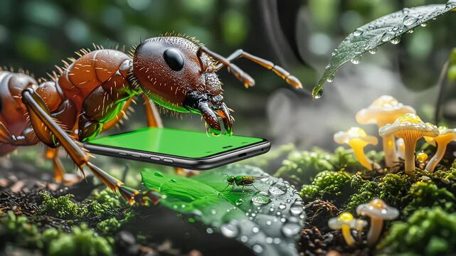 Surreal macro scene of insect leg gripping mobile phone with bright green screen in tropical rainforest. Detailed environment with mist, plants, and perfect copy space usage