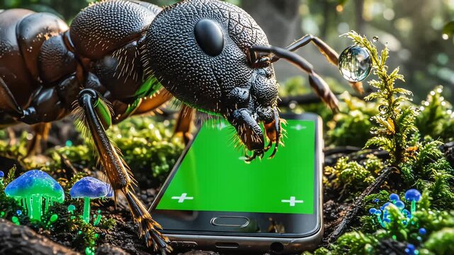 Macro jungle environment with enormous insect leg holding mobile device with green screen. Natural textures and fantasy scale create unique mockup for technology concepts