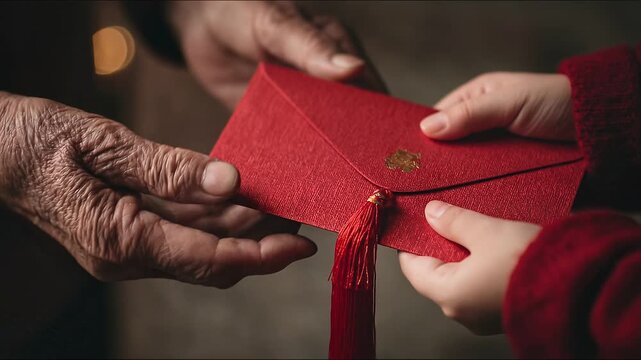 Elderly hands passing a red envelope to a child's hands against a warm, blurred background