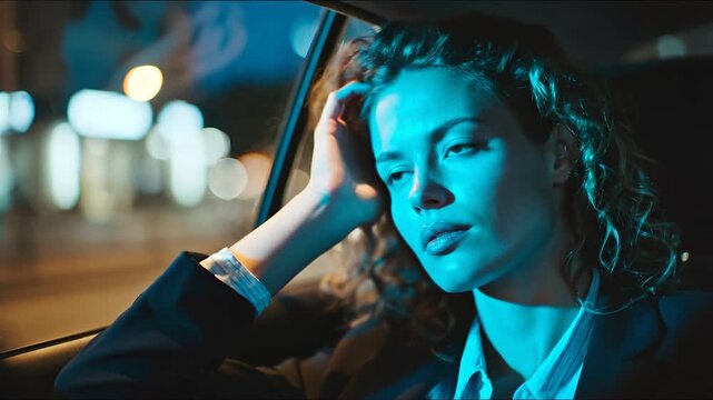 A young woman resting in a car at night, eyes closed, with soft city lights in the background creating a tranquil atmosphere