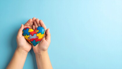 Hands holding puzzle heart, multicolored pieces, unity and diversity symbol, autism awareness theme