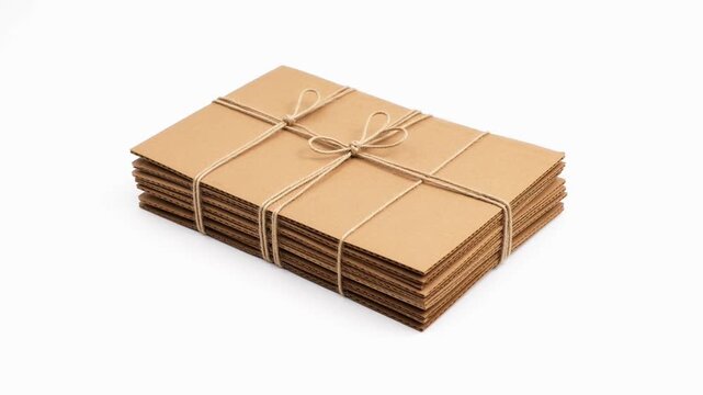 Stack of brown cardboard sheets tied with rope on white background motion shot