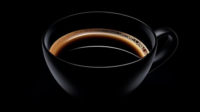 Coffee latte art black cup foam pattern leaf design. Cappuccino barista pouring milk espresso drink. Hot beverage cafe breakfast morning isolated dark background professional culinary creation skill.